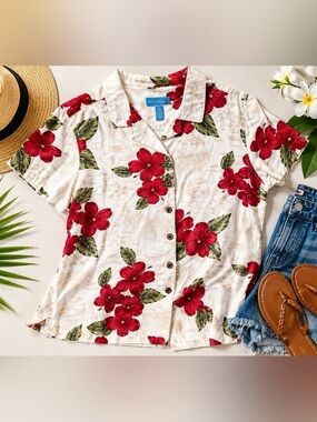 Island Winds Large Rayon Hawaiian Hibiscus Floral Button Front Camp Shirt
